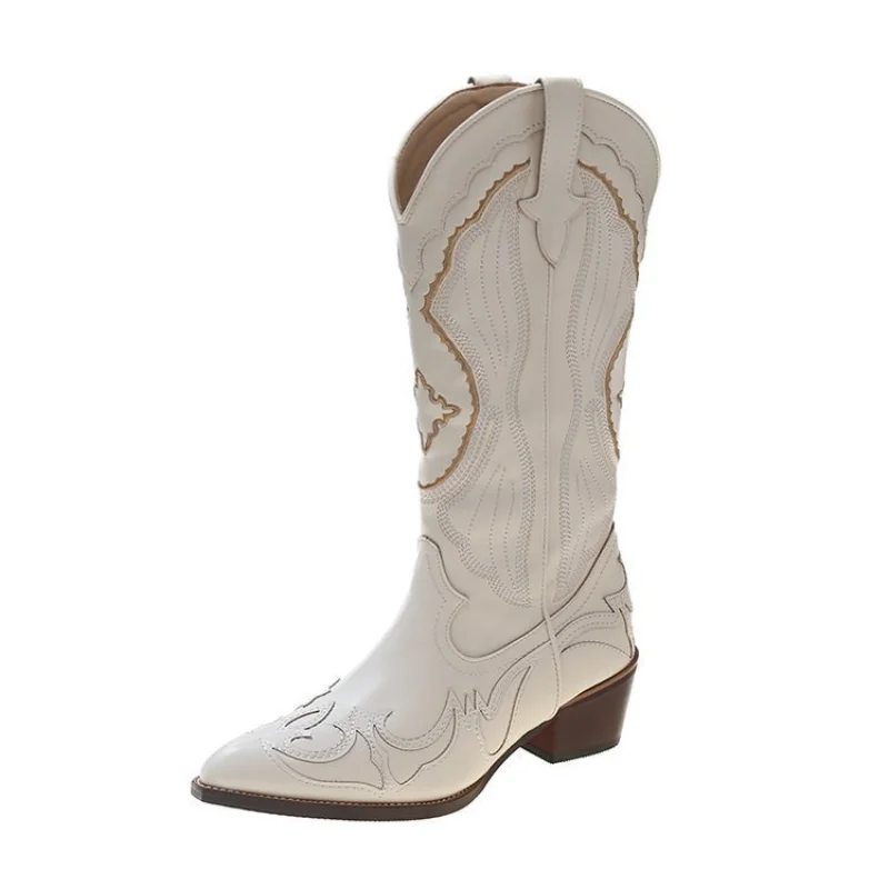 Autumn Embroidered Western Cowboy Boots new Square Heels Pointed shoes Casual fashion long boots Comfortable waterproof shoes - Image 5