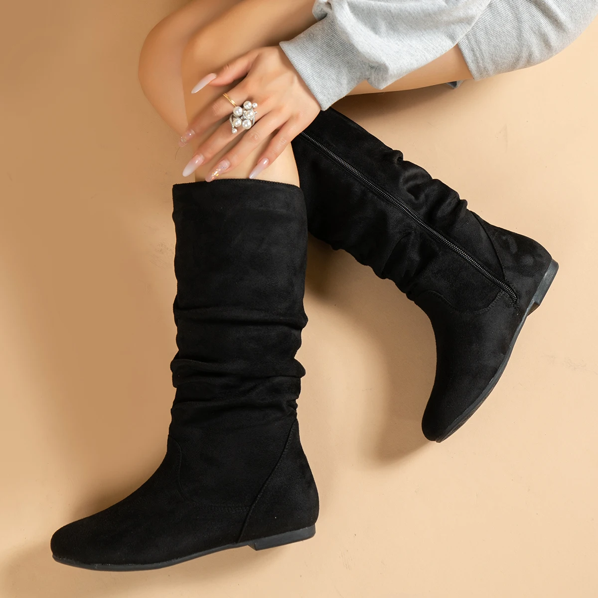 Pleated PU face women's fashion boots side ramen casual round toe flat women's high boots solid color fashion women's boots - Image 5