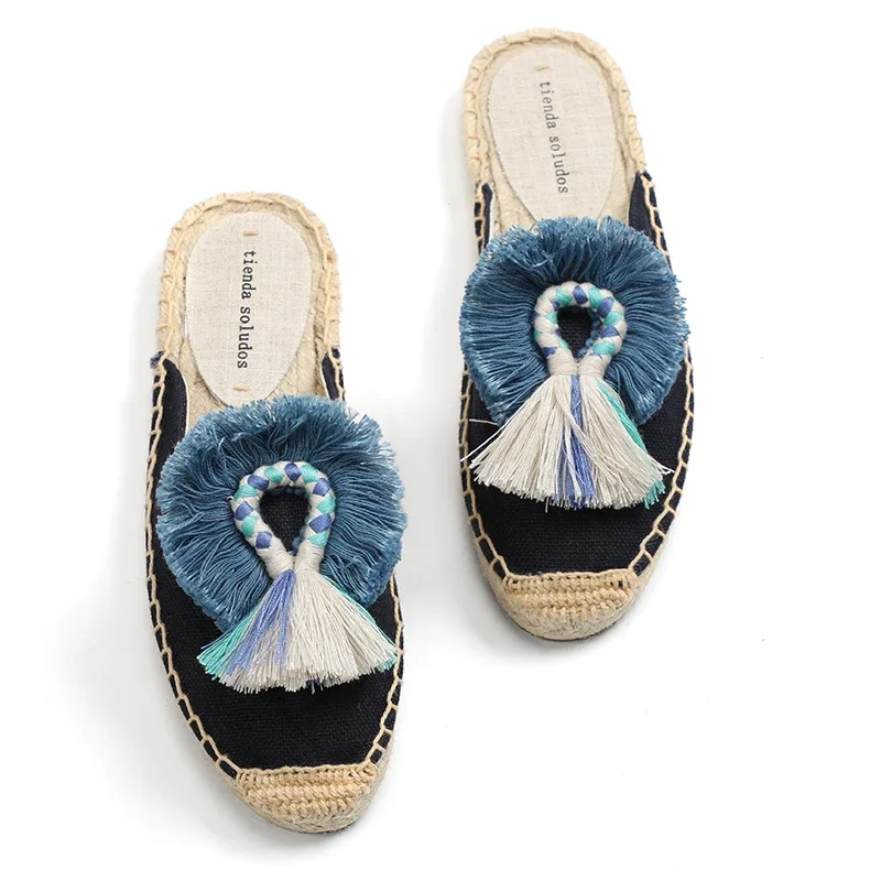 Women's Slippers Espadrilles Fluffy Ball Mule Slides Sale - Rubber Hemp Shoes Outside Spring women sandals - Image 2