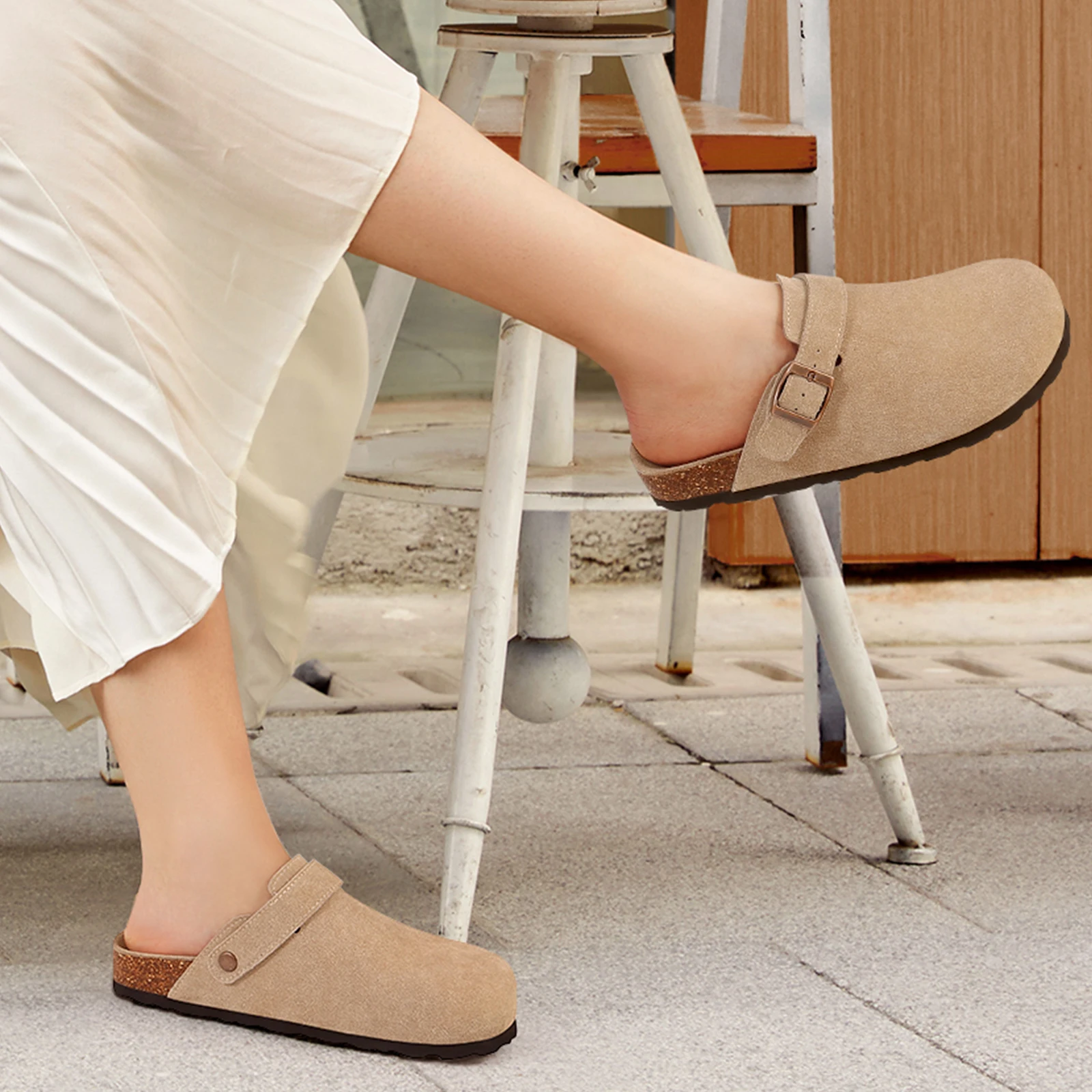 Comwarm Women's Suede Clogs with Adjustable Strap Cork Footbed Leather Mules Slippers Unisex Outdoor Comfortable Potato Shoes - Image 3