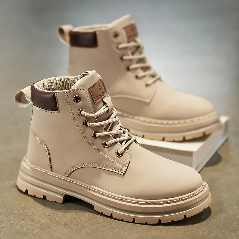 1-Pair MAINALUN Men's & Women's Heavy-Duty All-Terrain High-Top Boots - PU/Fabric Upper, Beige/Tan Lace-Up Ankle/Boot Boots with - Image 2