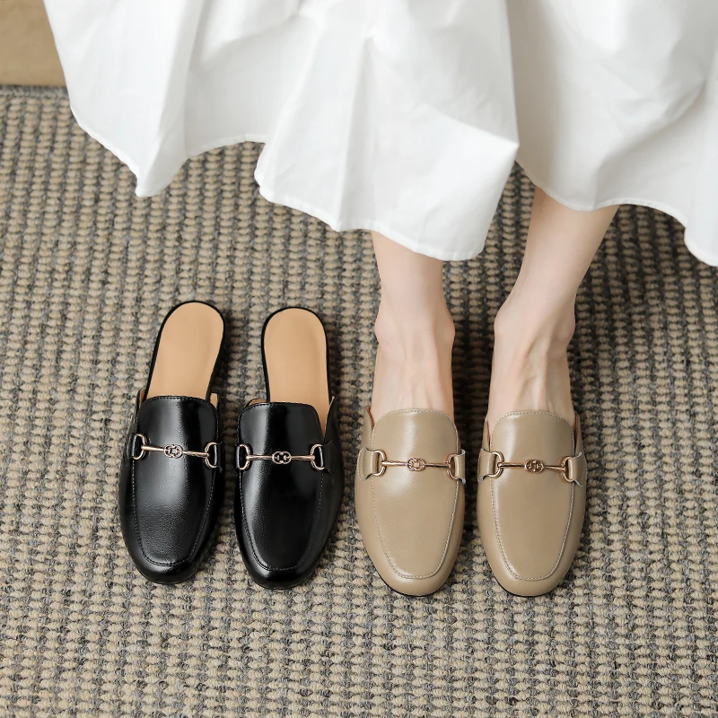 Genuine leather shoes women mules slipper Cover Toe Elegant Slippers summer Simple Casual Loafers