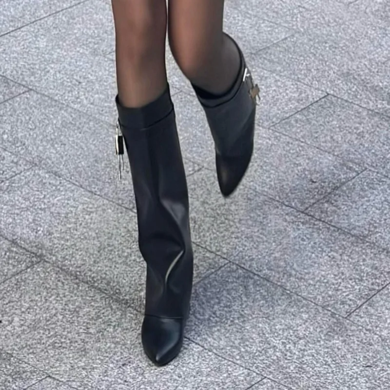 2025 New Sexy Pointed High Boots Casual Solid Color PU Waterproof Boots High Quality Outdoor Comfortable One-step Mid-calf Boots - Image 3