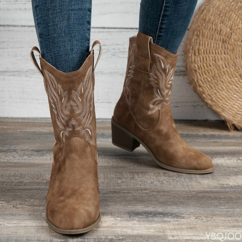 Autumn and Winter Fashion New Embroidered Sleeve Coarse Heel Knight Boots Retro Mid Barrel Pointed Western Cowboy Boots 2025 - Image 6