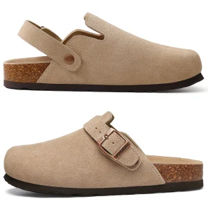 Comwarm Women's Suede Clogs with Adjustable Strap Cork Footbed Leather Mules Slippers Unisex Outdoor Comfortable Potato Shoes