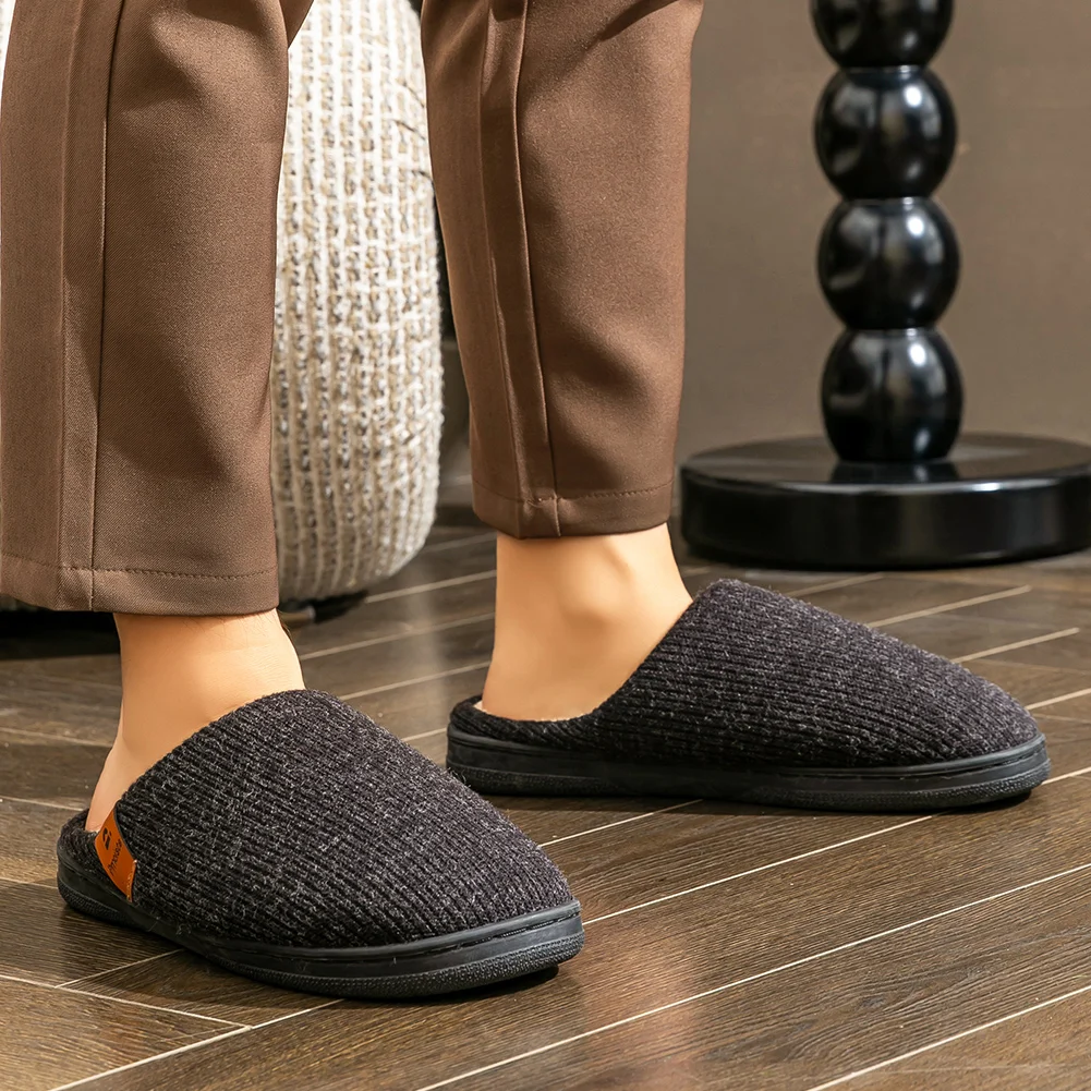 Memory Foam Cushion Slippers men Suede TPR Sole Platform Warm Soft Non Slip Stripe Comfortable Indoor Shoes Knited - Image 6