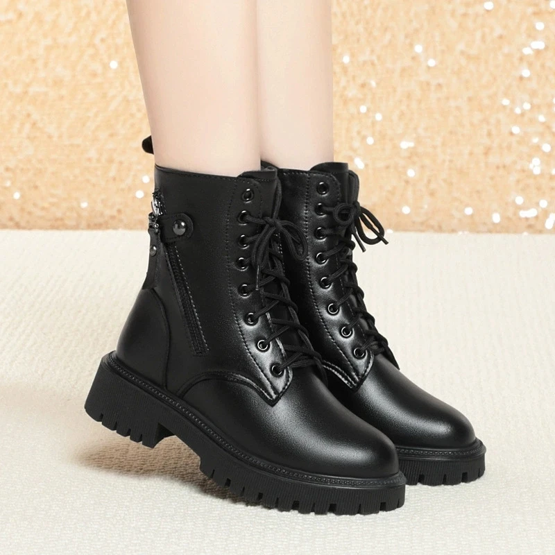 WOIZGIC Women Female Ladies Mother Genuine Leather Shoes Ankle Boots Winter Autumn Warm Fur Wool Zipper Plus Size 42 43 - Image 2