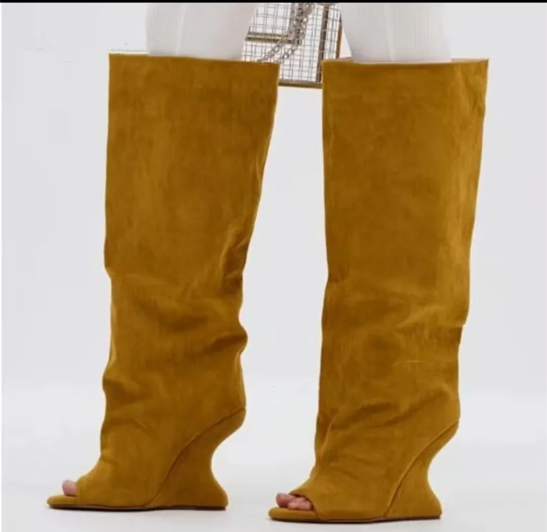 2025Spring and Autumn Fashion New Thick High Heels Women's Knee Length Wide Tube Version Fish Mouth Boots Middle Top Boots - Image 3