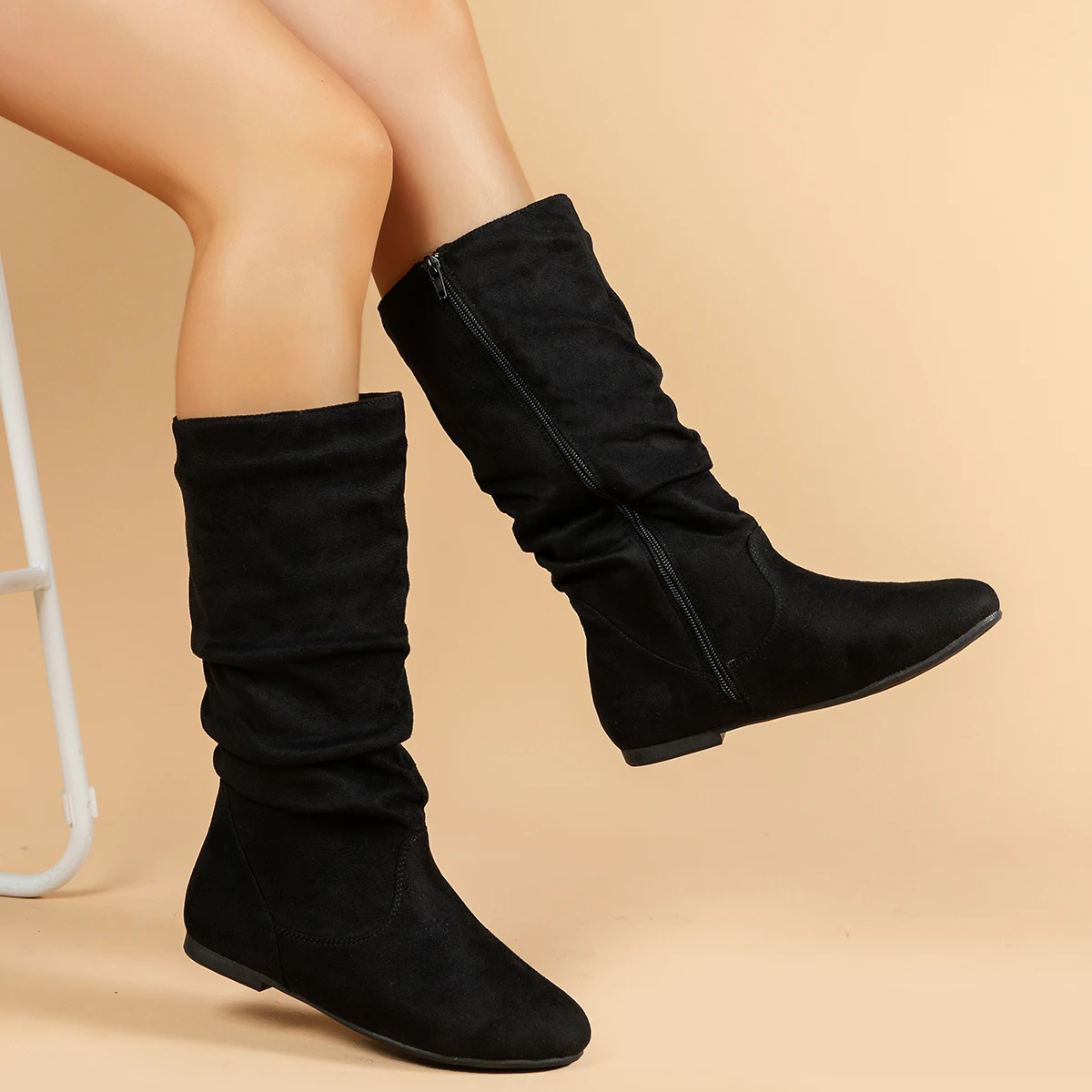 Pleated PU face women's fashion boots side ramen casual round toe flat women's high boots solid color fashion women's boots - Image 3