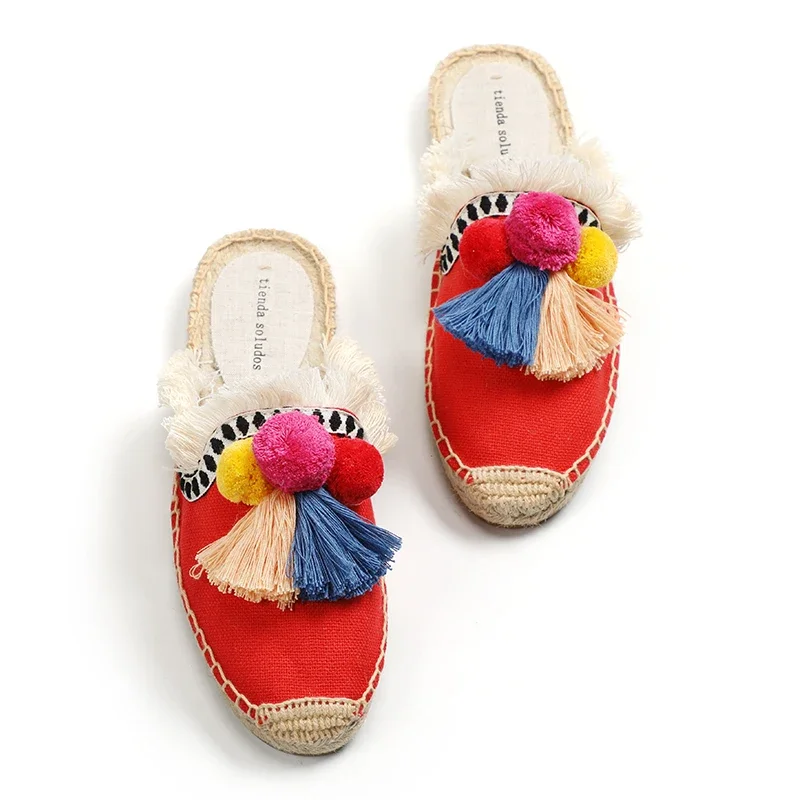 Women's Slippers Espadrilles Fluffy Ball Mule Slides Sale - Rubber Hemp Shoes Outside Spring women sandals - Image 3