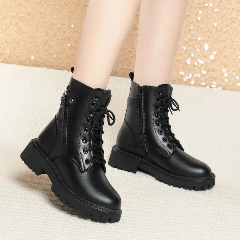 WOIZGIC Women Female Ladies Mother Genuine Leather Shoes Ankle Boots Winter Autumn Warm Fur Wool Zipper Plus Size 42 43 - Image 3