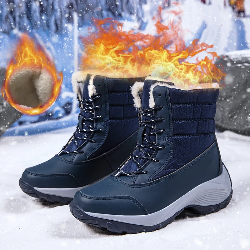 Women's Winter Snow Boots, Warm Waterproof Lace up Boots, Comfortable Outdoor Mid Calf Boots - Image 2