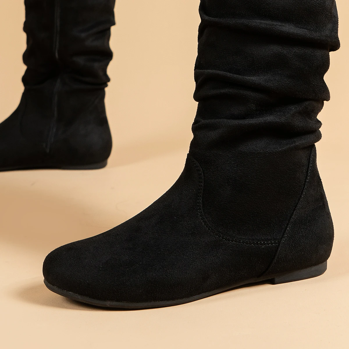 Pleated PU face women's fashion boots side ramen casual round toe flat women's high boots solid color fashion women's boots - Image 6
