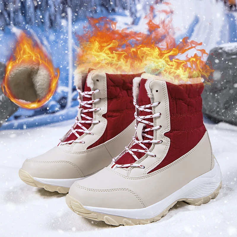 Women's Winter Snow Boots, Warm Waterproof Lace up Boots, Comfortable Outdoor Mid Calf Boots - Image 4