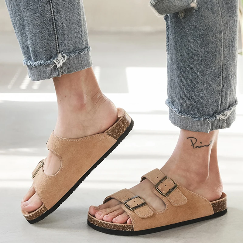 Nubuck Women Cork Slippers Summer Mule Clogs Flats Sandals Slides Casual Beach Couple Double Buckle Soft Shoes Footwear Big Size - Image 3