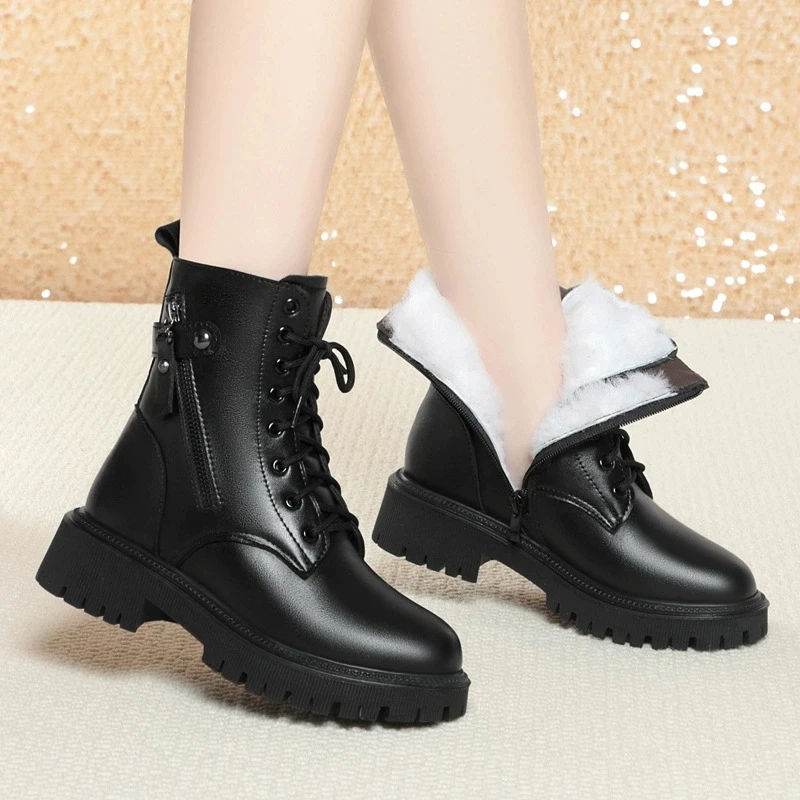 WOIZGIC Women Female Ladies Mother Genuine Leather Shoes Ankle Boots Winter Autumn Warm Fur Wool Zipper Plus Size 42 43 - Image 4