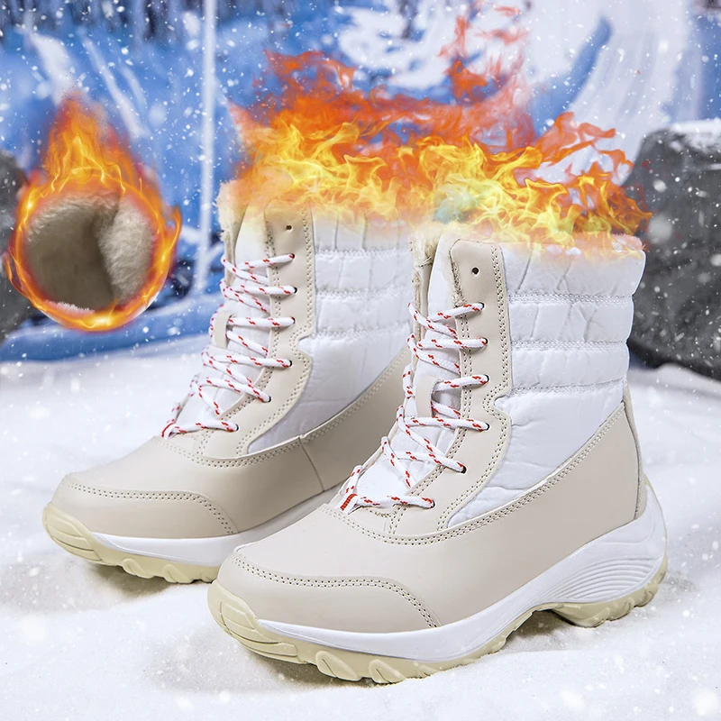 Women's Winter Snow Boots, Warm Waterproof Lace up Boots, Comfortable Outdoor Mid Calf Boots - Image 3