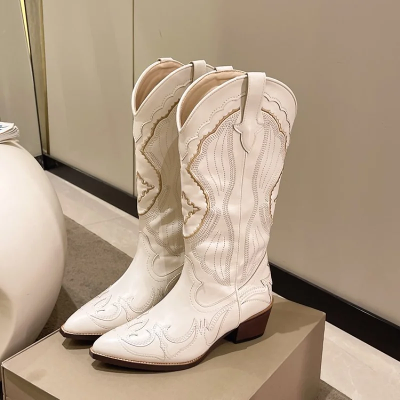 Autumn Embroidered Western Cowboy Boots new Square Heels Pointed shoes Casual fashion long boots Comfortable waterproof shoes - Image 2