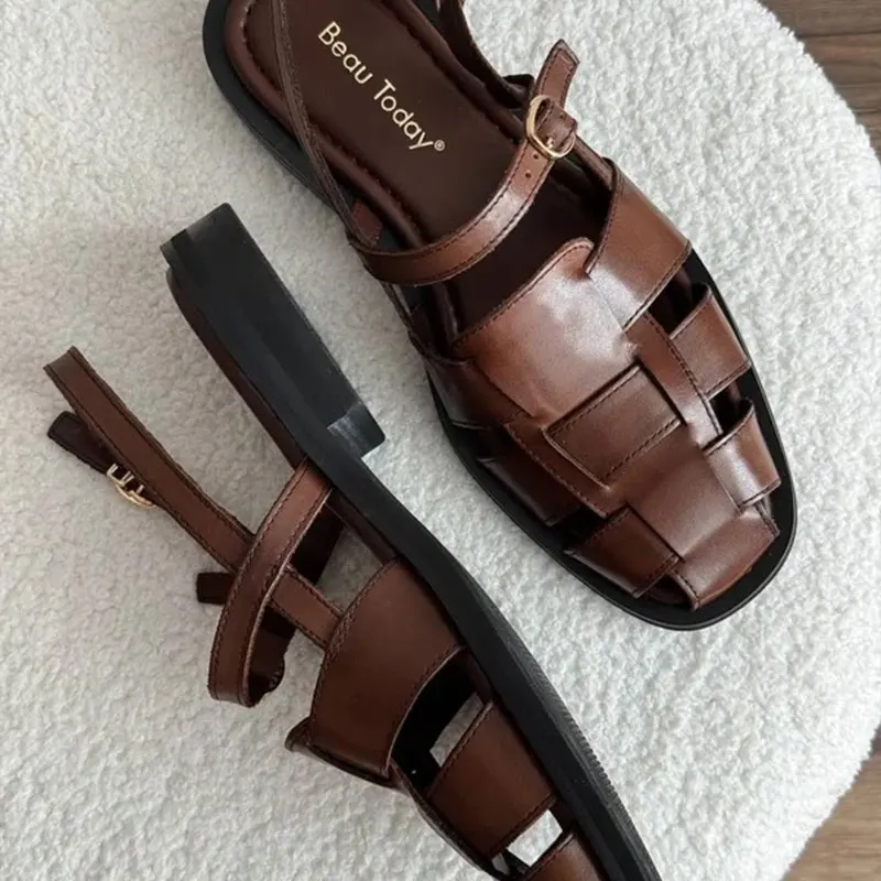 BEAUTODAY Gladiator Sandals Women Genuine Cow Leather Solid Cover Toe Buckle Metal Decoration Summer Ladies Flats Handmade 32406 - Image 2
