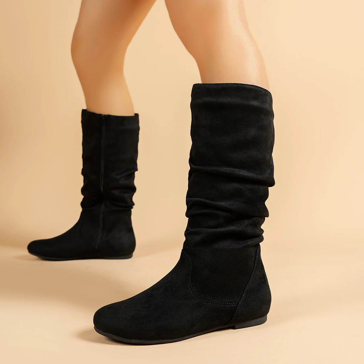 Pleated PU face women's fashion boots side ramen casual round toe flat women's high boots solid color fashion women's boots - Image 4