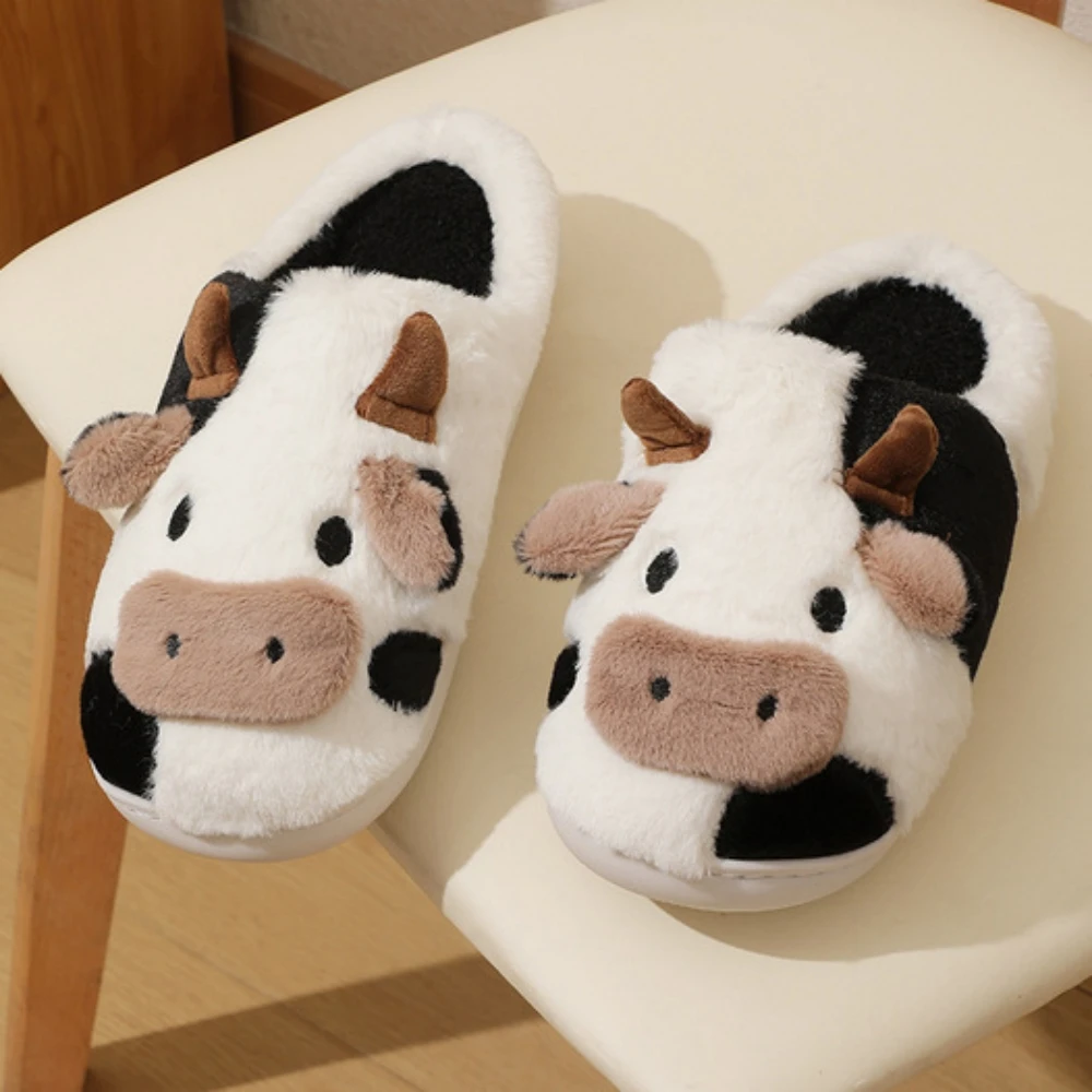 Winter Home Slippers for Couples Warm Plush Neutral Cartoon Cow Indoor Anti Slip Comfortable Cotton Slippers for Men and Women - Image 4