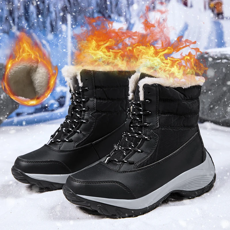 Women's Winter Snow Boots, Warm Waterproof Lace up Boots, Comfortable Outdoor Mid Calf Boots