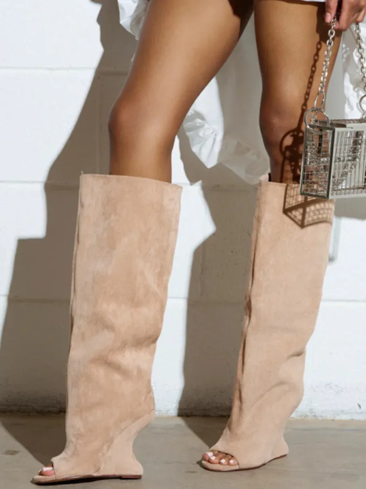 2025Spring and Autumn Fashion New Thick High Heels Women's Knee Length Wide Tube Version Fish Mouth Boots Middle Top Boots - Image 2