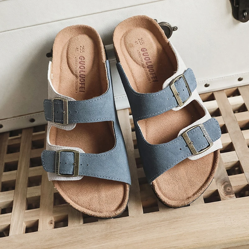 Nubuck Women Cork Slippers Summer Mule Clogs Flats Sandals Slides Casual Beach Couple Double Buckle Soft Shoes Footwear Big Size - Image 2