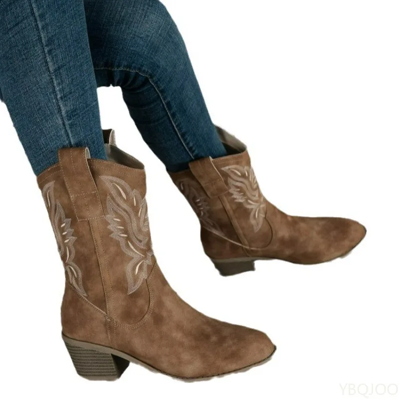 Autumn and Winter Fashion New Embroidered Sleeve Coarse Heel Knight Boots Retro Mid Barrel Pointed Western Cowboy Boots 2025 - Image 5