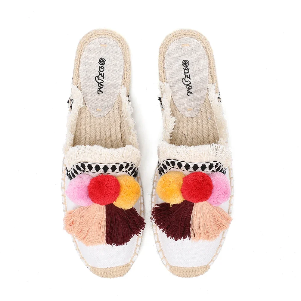 Women's Slippers Espadrilles Fluffy Ball Mule Slides Sale - Rubber Hemp Shoes Outside Spring women sandals - Image 6