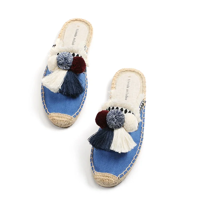 Women's Slippers Espadrilles Fluffy Ball Mule Slides Sale - Rubber Hemp Shoes Outside Spring women sandals - Image 4