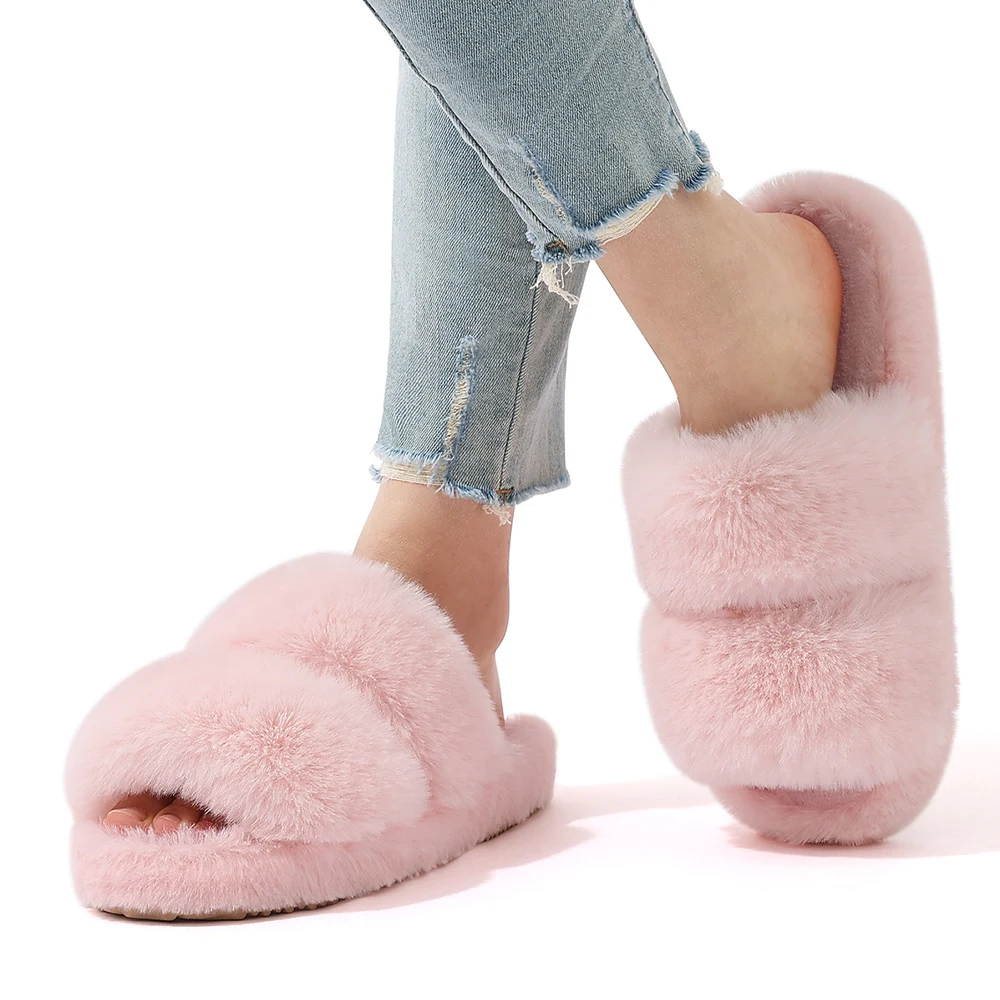 Evshine New Open Toe Fluffy Slippers Indoor Warm Fur Female Slides Fashion Plush Women House Shoes Women Winter Fuzzy Slippers - Image 2