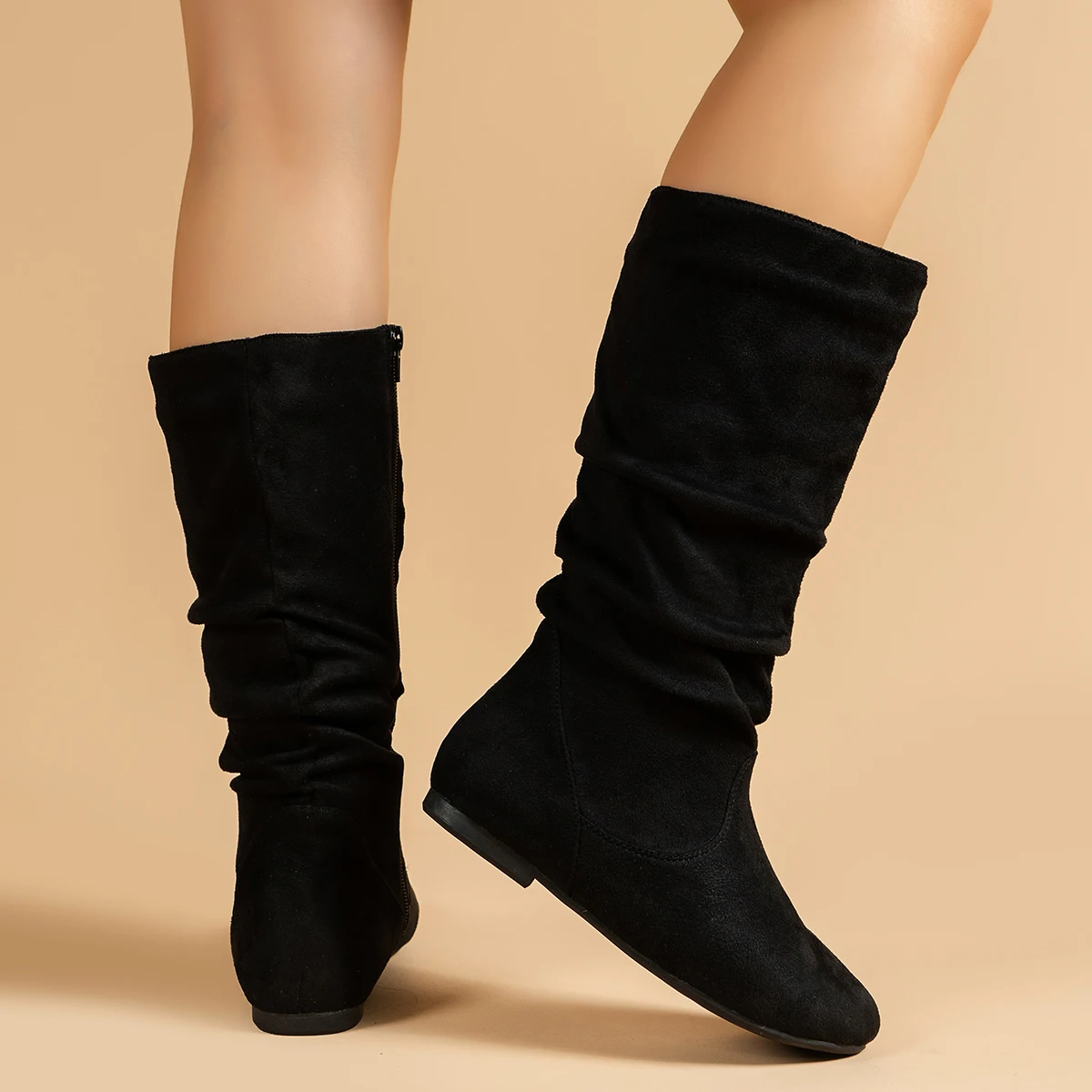 Pleated PU face women's fashion boots side ramen casual round toe flat women's high boots solid color fashion women's boots - Image 2