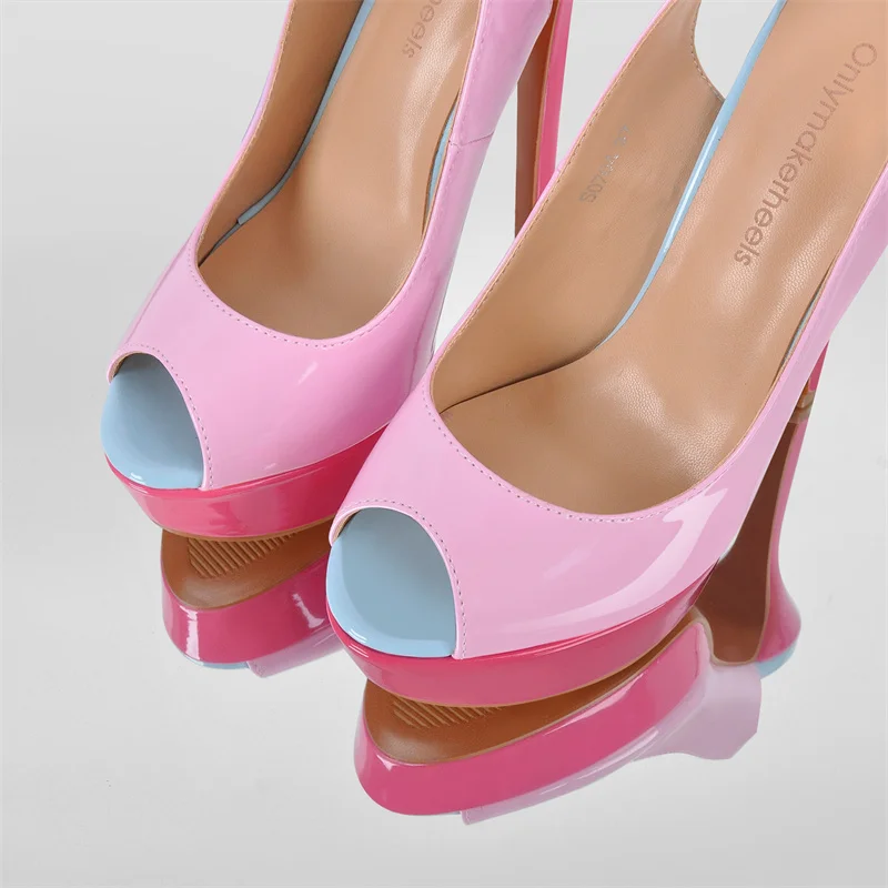 Onlymaker Pink Patent Leather Peep Toe Platform Stilettos Sandals Thin Heel Sexy Buckle Strap Party Slingback Sandals - Image 3